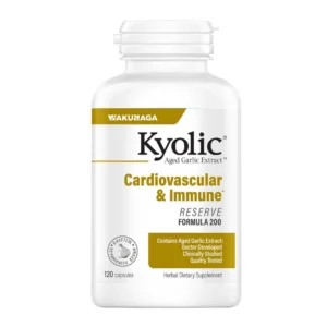Kyolic garlic supplement bottle, 120 capsules.