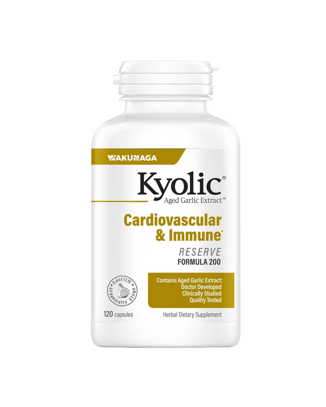 Kyolic garlic supplement bottle, 120 capsules.