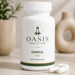 Supplement bottle labeled "Dihexa 5mg", 60 capsules.