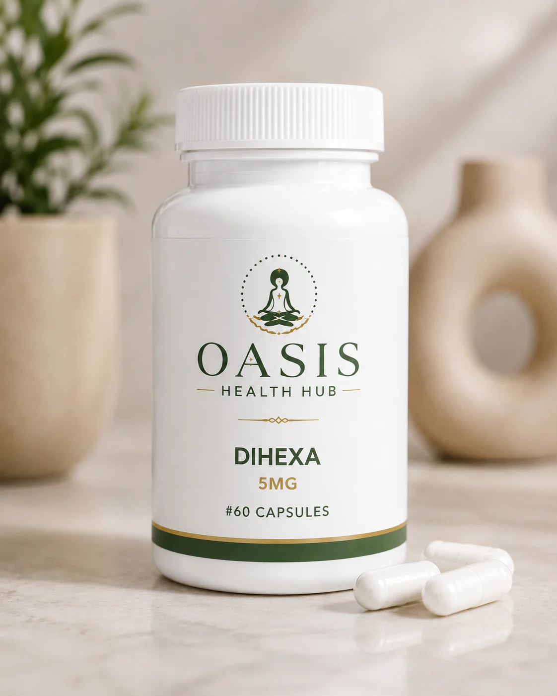 Supplement bottle labeled "Dihexa 5mg", 60 capsules.