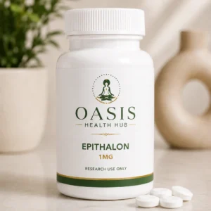 Epithalon supplement bottle with tablets nearby.