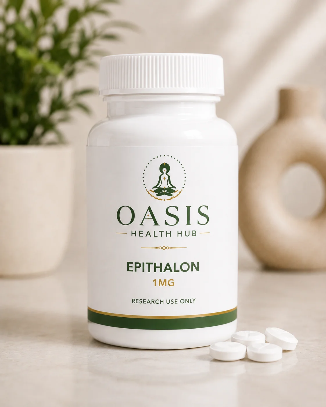 Epithalon supplement bottle with tablets nearby.