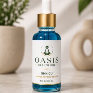 Blue bottle of oasis health hub ghk-cu copper peptide serum on a table