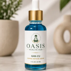 Blue serum bottle with gold cap, plants.