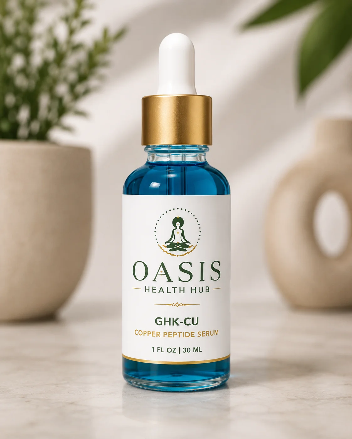 Blue serum bottle with gold cap, plants.