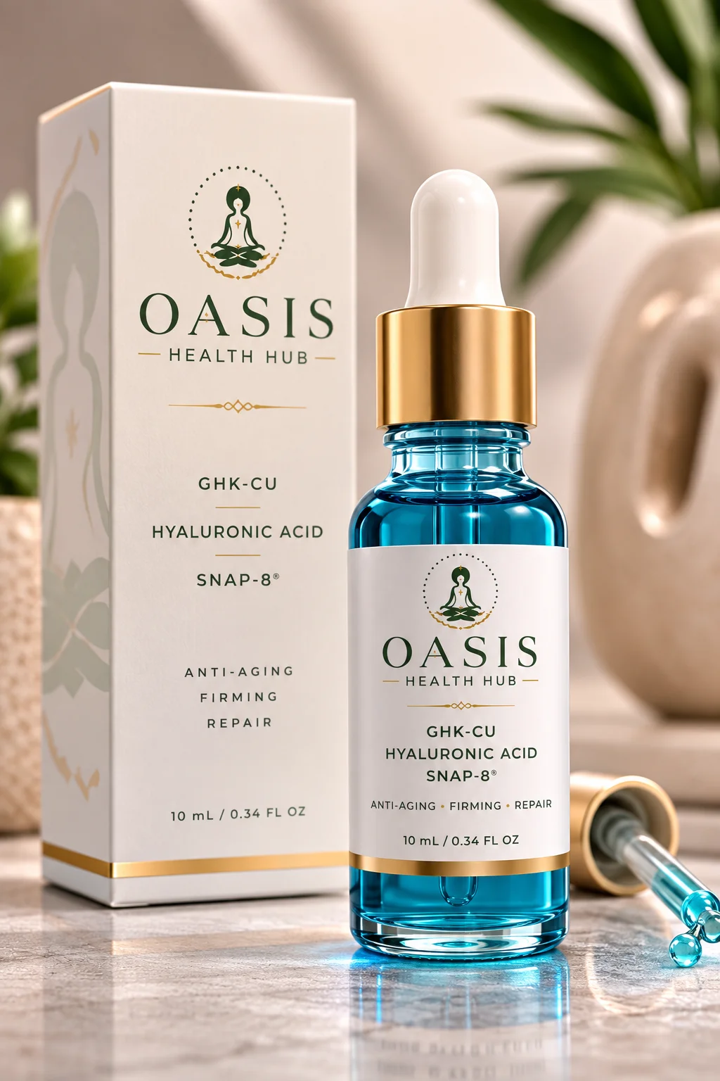 Serum bottle and box on reflective surface.