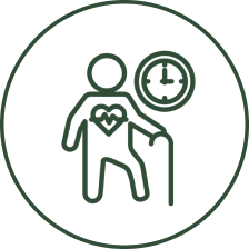 Elderly person with clock and heart symbol.