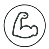 Arm flexing icon on black circular background.