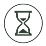 Hourglass icon inside a circle on black.