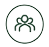 Icon of three silhouetted figures in circle.