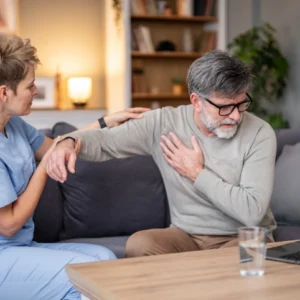Nurse assisting man with shoulder pain.