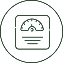 Scale icon with circular outline on black.