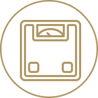 Outlined gold weighing scale on black background.