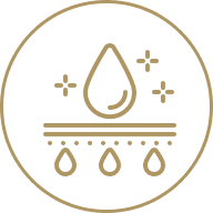 Water filtration symbol with droplets and sparkles.