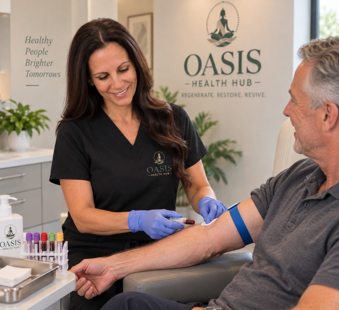 Phlebotomist draws blood from patient's arm