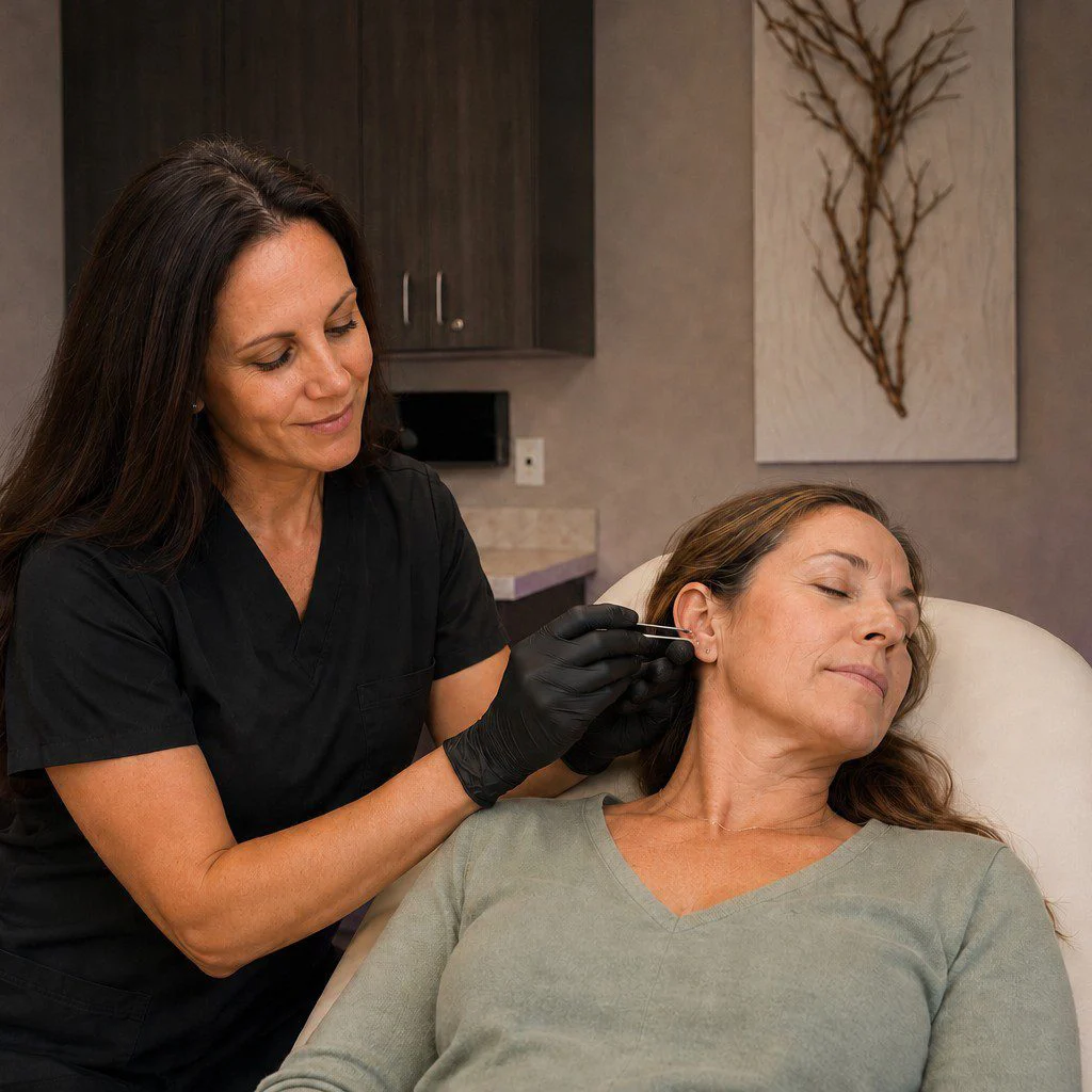 Medical professional performing ear treatment on patient